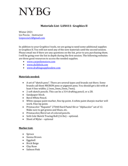 Materials List- LAN411- Graphics II