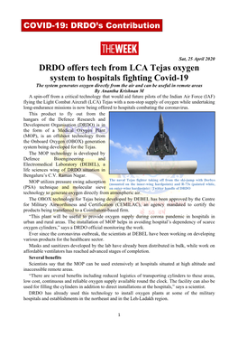 DRDO Offers Tech from LCA Tejas Oxygen System to Hospitals Fighting