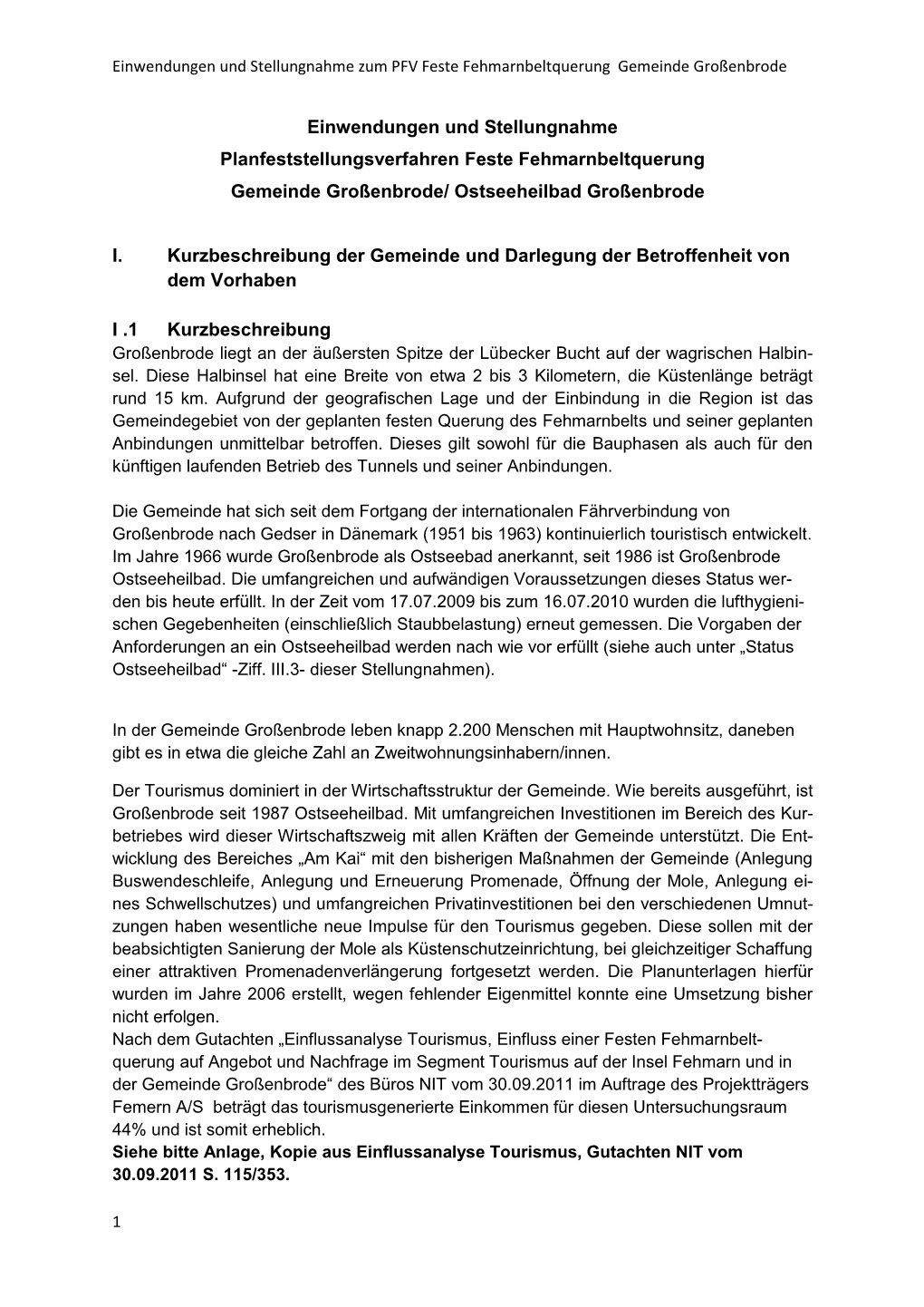 Einwendungen Und Stellungnahme Planfeststellungsverfahren Feste Fehmarnbeltquerung Gemeinde Großenbrode/ Ostseeheilbad Großenbrode