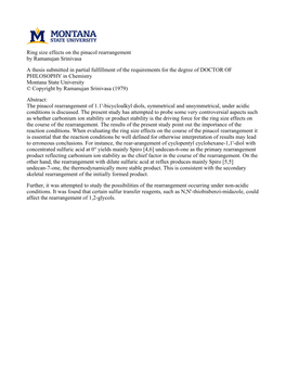 Ring Size Effects on the Pinacol Rearrangement by Ramanujan Srinivasa a Thesis Submitted in Partial Fulfillment of the Requireme