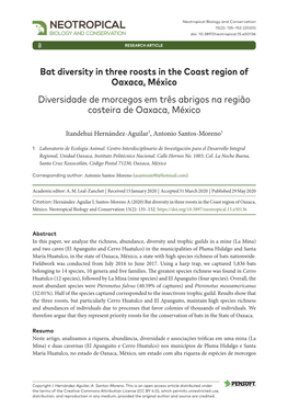 Bat Diversity in Three Roosts in the Coast Region of Oaxaca, México