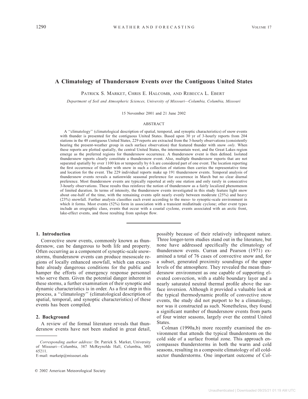 A Climatology of Thundersnow Events Over the Contiguous United States