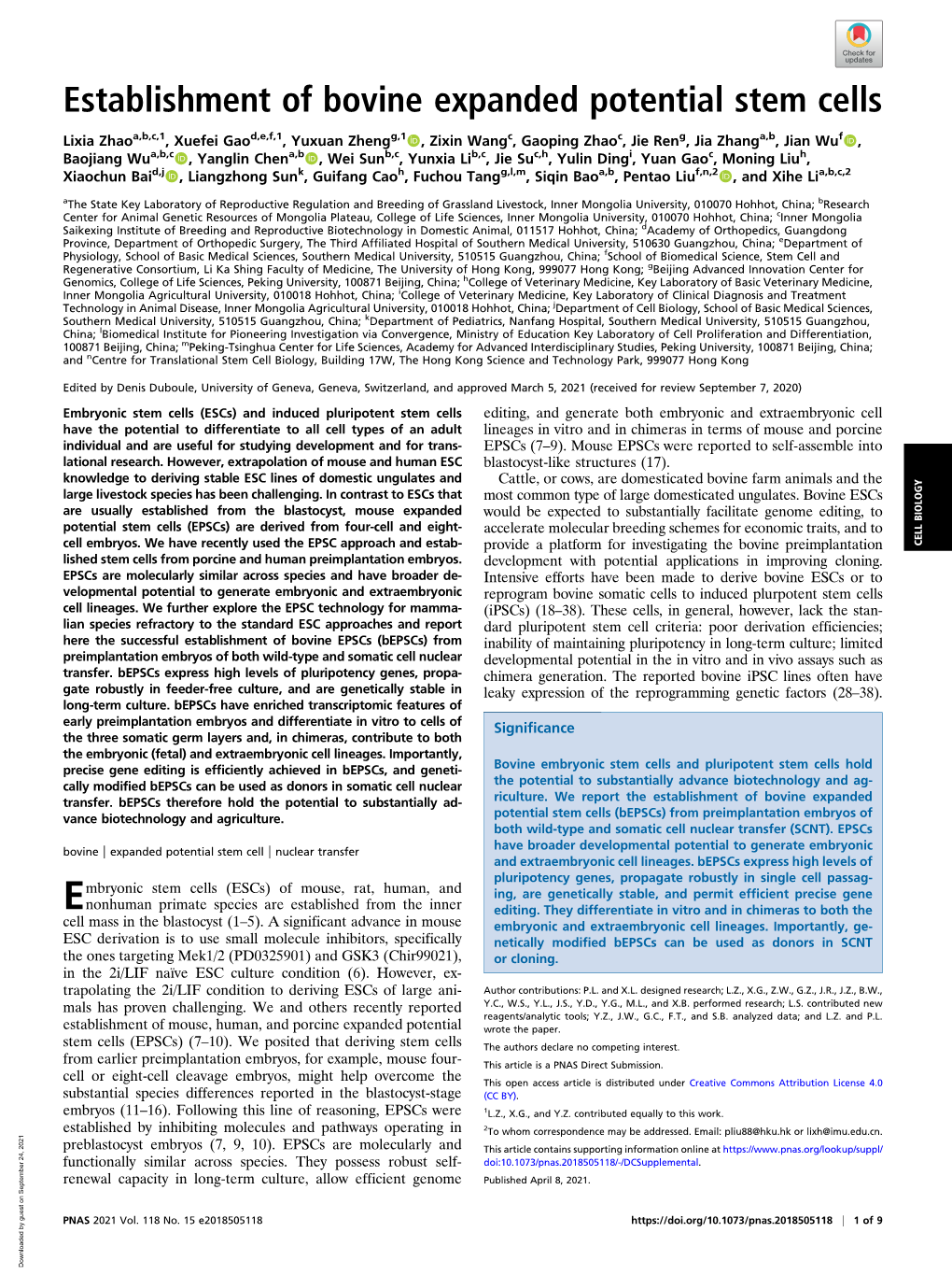 Establishment of Bovine Expanded Potential Stem Cells