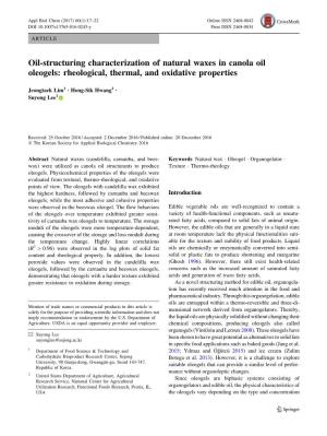 Oil-Structuring Characterization of Natural Waxes in Canola Oil Oleogels: Rheological, Thermal, and Oxidative Properties
