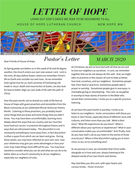 Letter of Hope Living out God's Grace We Seek to Be Neighbors to All H O U S E O F H O P E L U T H E R a N C H U R C H N E W H O P E M N