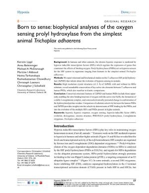 Biophysical Analyses of the Oxygen Sensing Prolyl Hydroxylase from the Simplest Animal Trichoplax Adhaerens