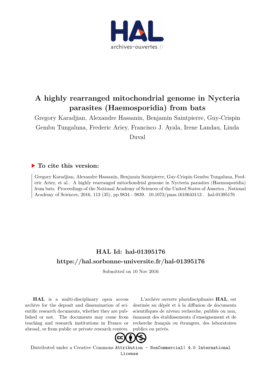 A Highly Rearranged Mitochondrial Genome in Nycteria Parasites