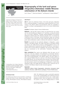 Biogeography of the Land Snail Genus Allognathus (Helicidae): Middle Miocene Colonization of the Balearic Islands