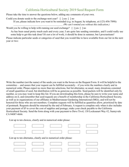 California Horticultural Society 2019 Seed Request Form Please Take the Time to Answer the Questions Below, Adding Any Comments of Your Own