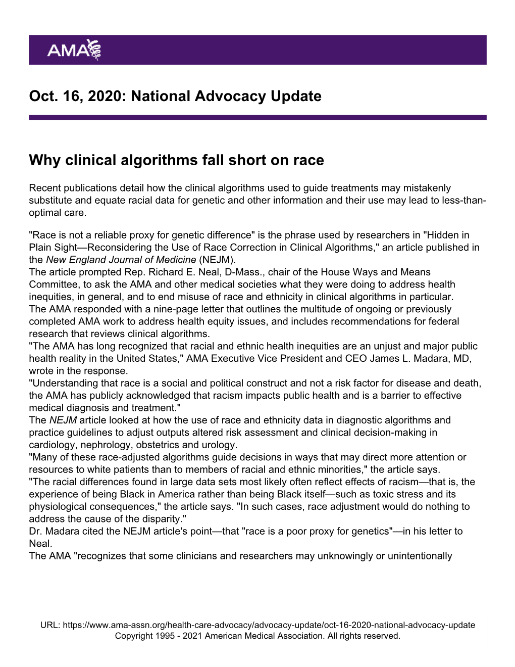 National Advocacy Update Why Clinical Algorithms Fall Short on Race