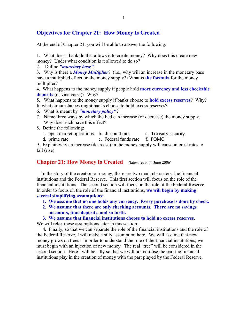 Objectives for Chapter 22: the Creation of Money