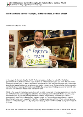 In EU Elections Salvini Triumphs, Di Maio Suffers. So Now What? Published on Iitaly.Org (