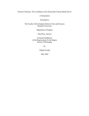 Narrative Intimacy: the Confidante in the Nineteenth-Century British Novel a Dissertation Presented to the Faculty of the Gradua
