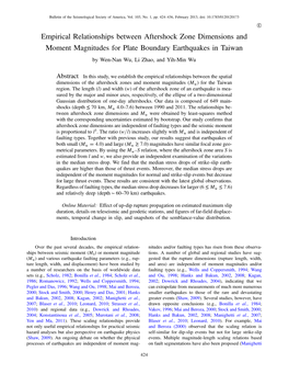 Empirical Relationships Between Aftershock Zone Dimensions and Moment Magnitudes for Plate Boundary Earthquakes in Taiwan by Wen-Nan Wu, Li Zhao, and Yih-Min Wu