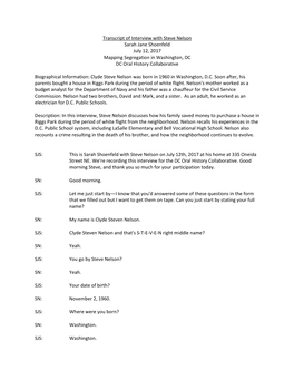 Transcript of Interview with Steve Nelson Sarah Jane Shoenfeld July 12, 2017 Mapping Segregation in Washington, DC DC Oral History Collaborative