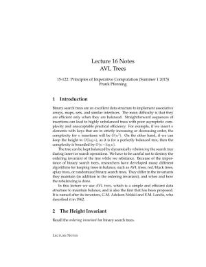 Lecture 16 Notes AVL Trees
