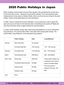 2020 Public Holidays in Japan