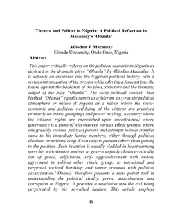 48 Theatre and Politics in Nigeria: a Political Reflection in Macaulay's