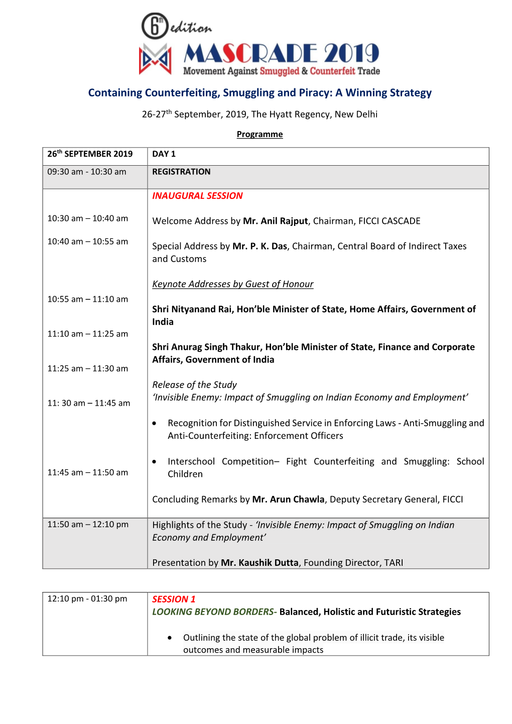 Containing Counterfeiting, Smuggling and Piracy: a Winning Strategy 26-27Th September, 2019, the Hyatt Regency, New Delhi