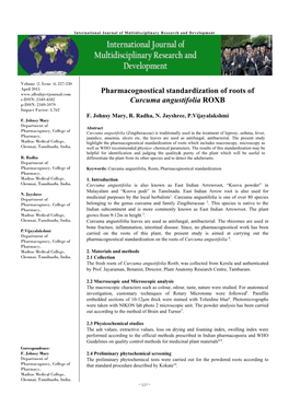 Pharmacognostical Standardization of Roots of Curcuma Angustifolia ROXB