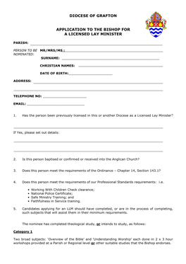 Diocese of Grafton Application to the Bishop