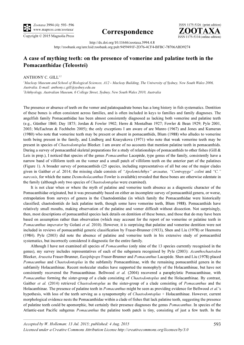 On the Presence of Vomerine and Palatine Teeth in the Pomacanthidae (Teleostei)