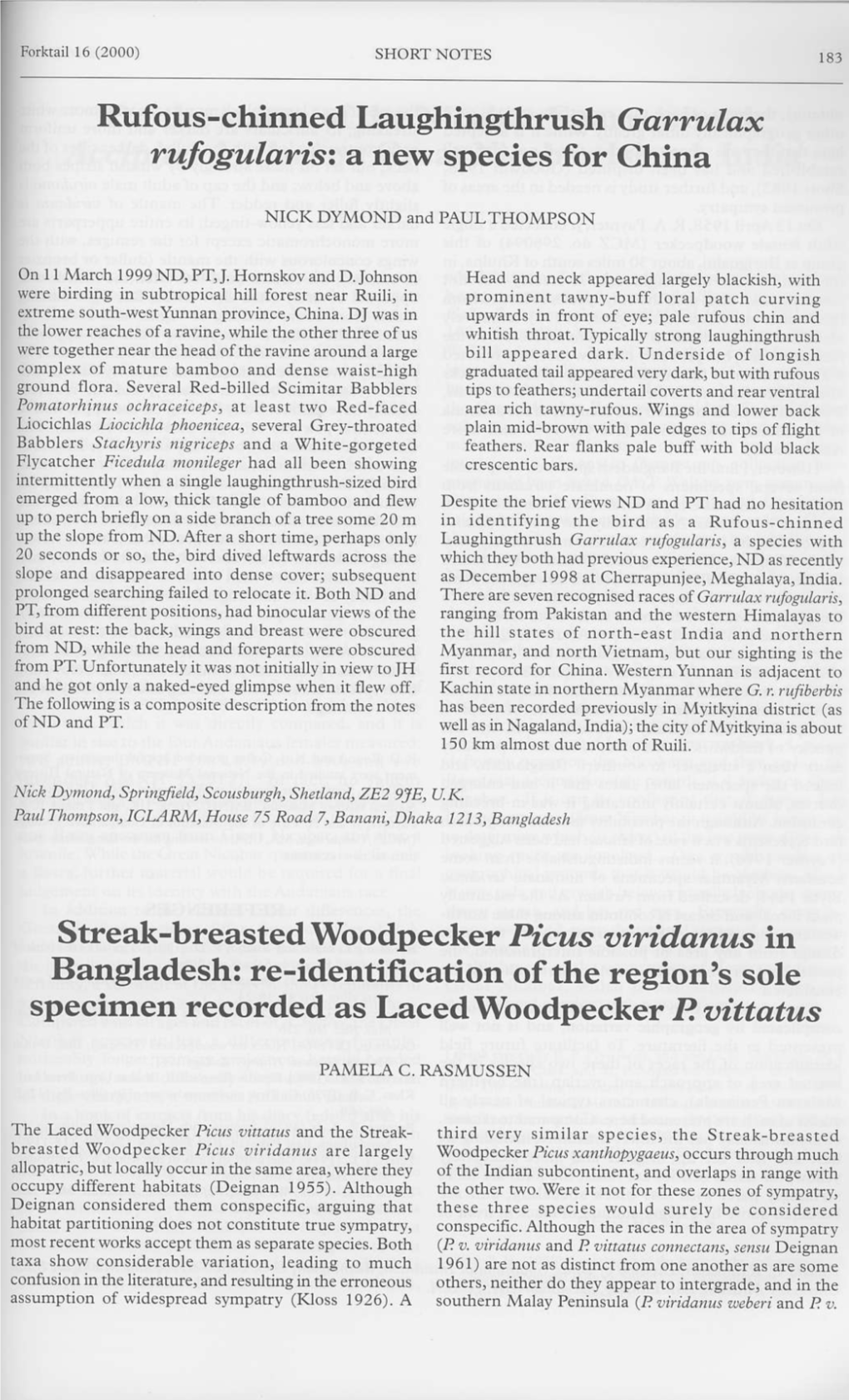 Streak-Breasted Woodpecker Pl:Cus Oiridanus in Bangladesh: Re-Identification of the Region's Sole Specirnen Recorded As Laced Woodpecker P Oittatus