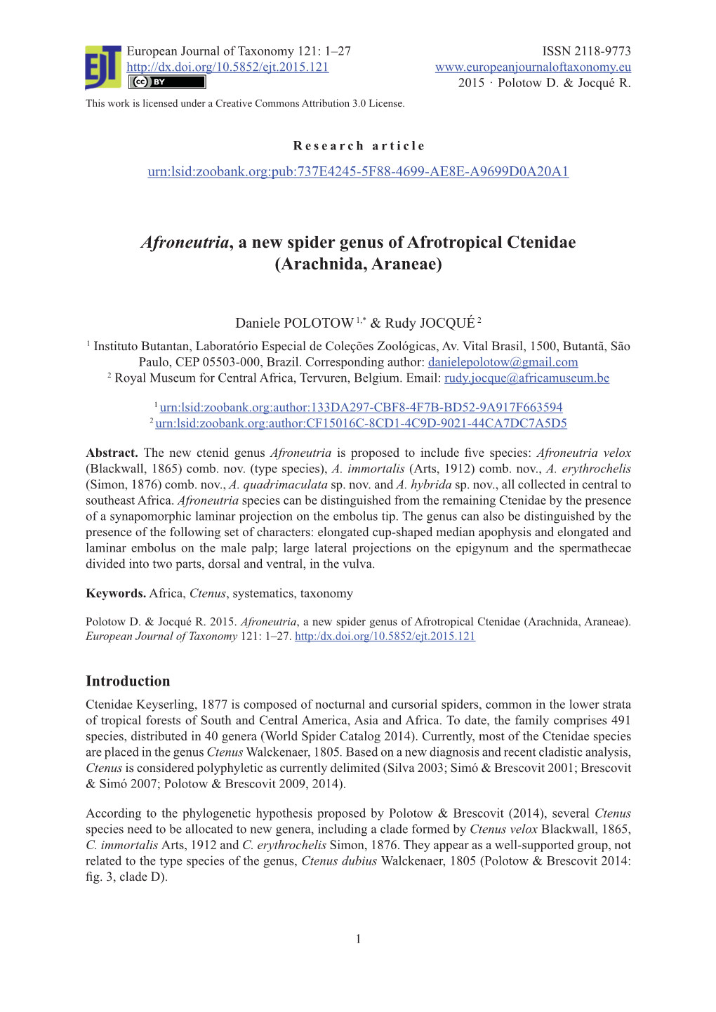 Afroneutria, a New Spider Genus of Afrotropical Ctenidae (Arachnida, Araneae)