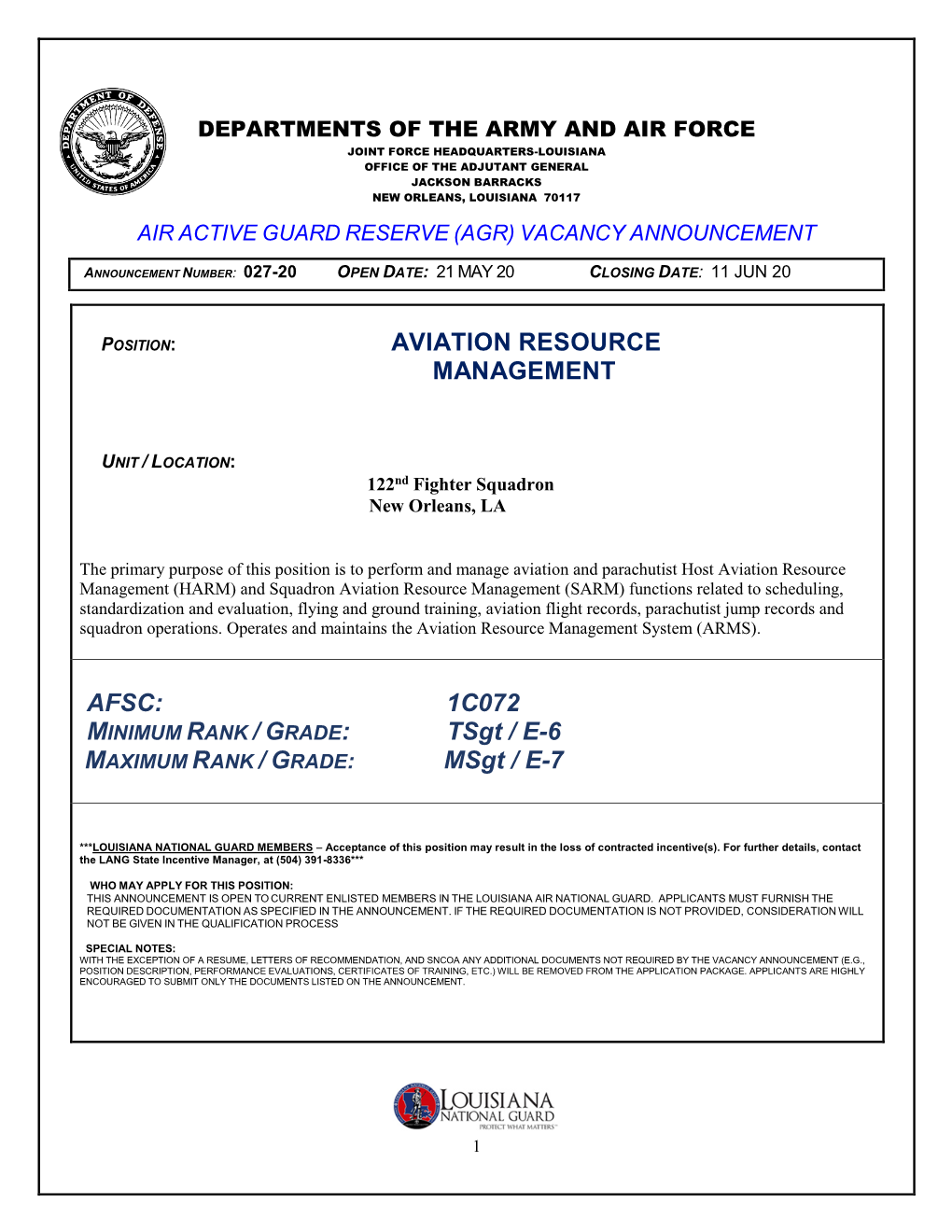 AVIATION RESOURCE MANAGEMENT AFSC: 1C072 Tsgt