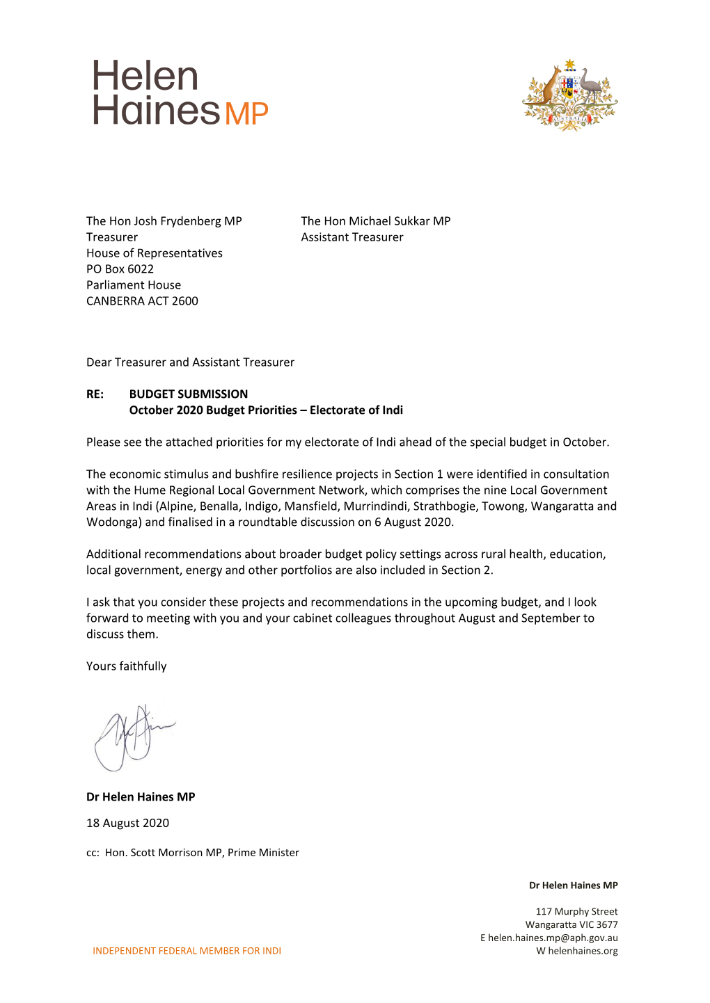 The Hon Josh Frydenberg MP the Hon Michael Sukkar MP Treasurer Assistant Treasurer House of Representatives PO Box 6022 Parliament House CANBERRA ACT 2600