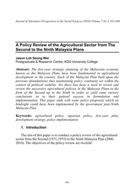 A Policy Review of the Agricultural Sector from the Second to the Ninth Malaysia Plans