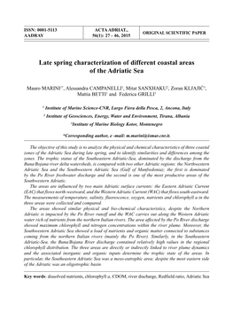 Late Spring Characterization of Different Coastal Areas of the Adriatic Sea