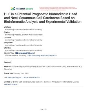 HLF Is a Potential Prognostic Biomarker in Head and Neck Squamous Cell Carcinoma Based on Bioinformatic Analysis and Experimental Validation