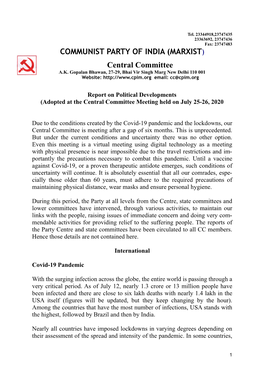 COMMUNIST PARTY of INDIA (MARXIST) Central Committee A.K