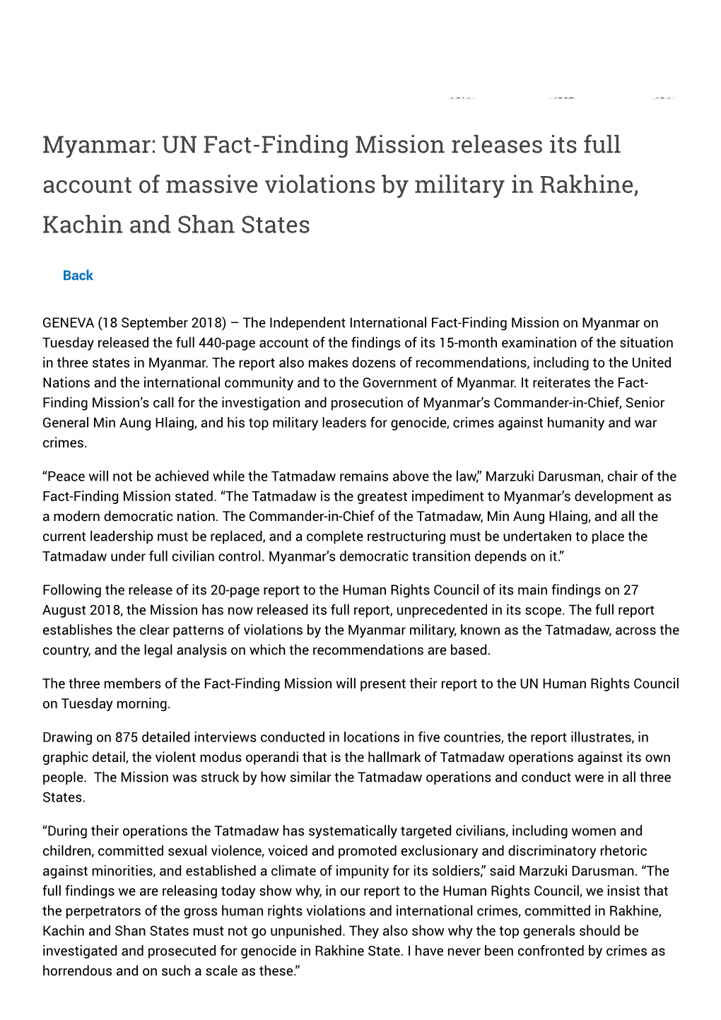 Myanmar: UN Fact-Finding Mission Releases Its Full Account of Massive Violations by Military in Rakhine, Kachin and Shan States