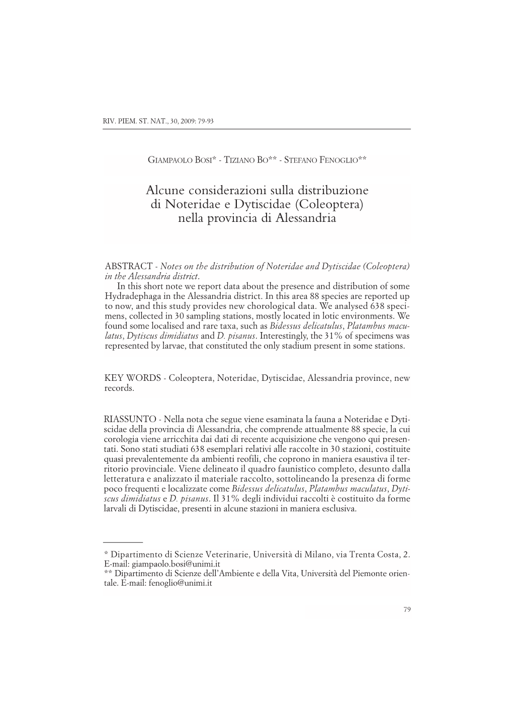 30 2009 Bosi Bo Fenoglio Alcune Considerazioni Sulla Distribuzione Di Noteridae E Dytiscidae Nella Provincia Di Alessandria 79-93
