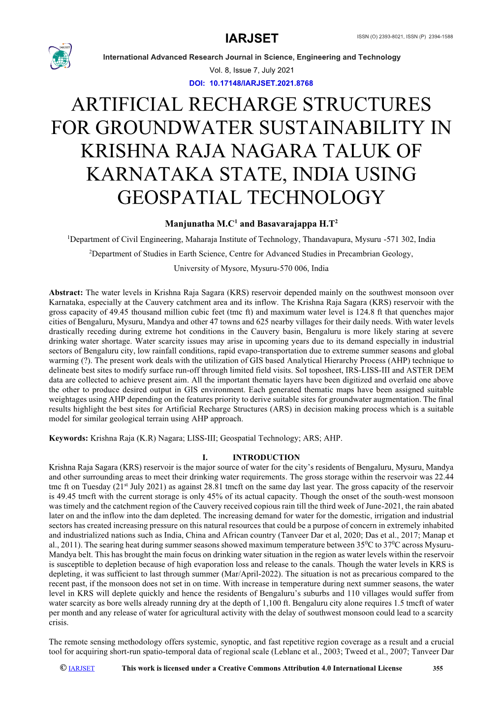 Artificial Recharge Structures for Groundwater Sustainability in Krishna Raja Nagara Taluk of Karnataka State, India Using Geospatial Technology