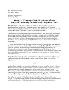 Western Wisconsin State Senators Endorse Judge Jill Karofsky for Wisconsin Supreme Court