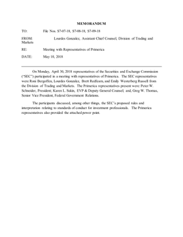 Lourdes Gonzalez, Assistant Chief Counsel, Division of Trading and Markets RE: Meeting with Representatives of Primerica DATE: May 10, 2018