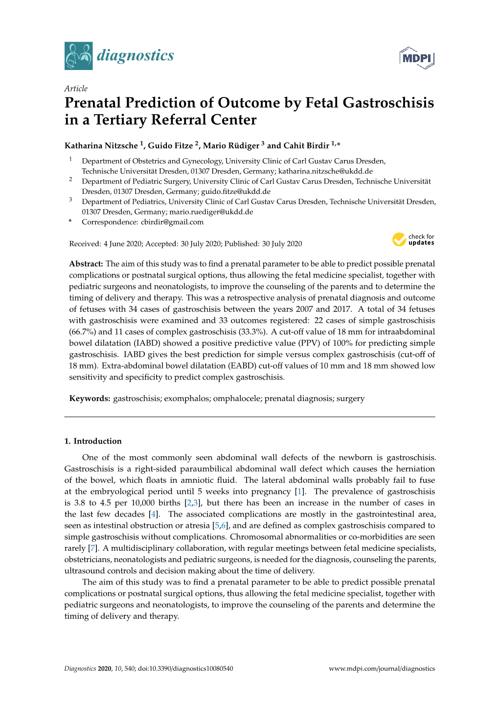 Prenatal Prediction of Outcome by Fetal Gastroschisis in a Tertiary Referral Center