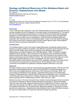 Geology and Mineral Resources of the Athabasca Basin and Environs, Saskatchewan and Alberta W.L