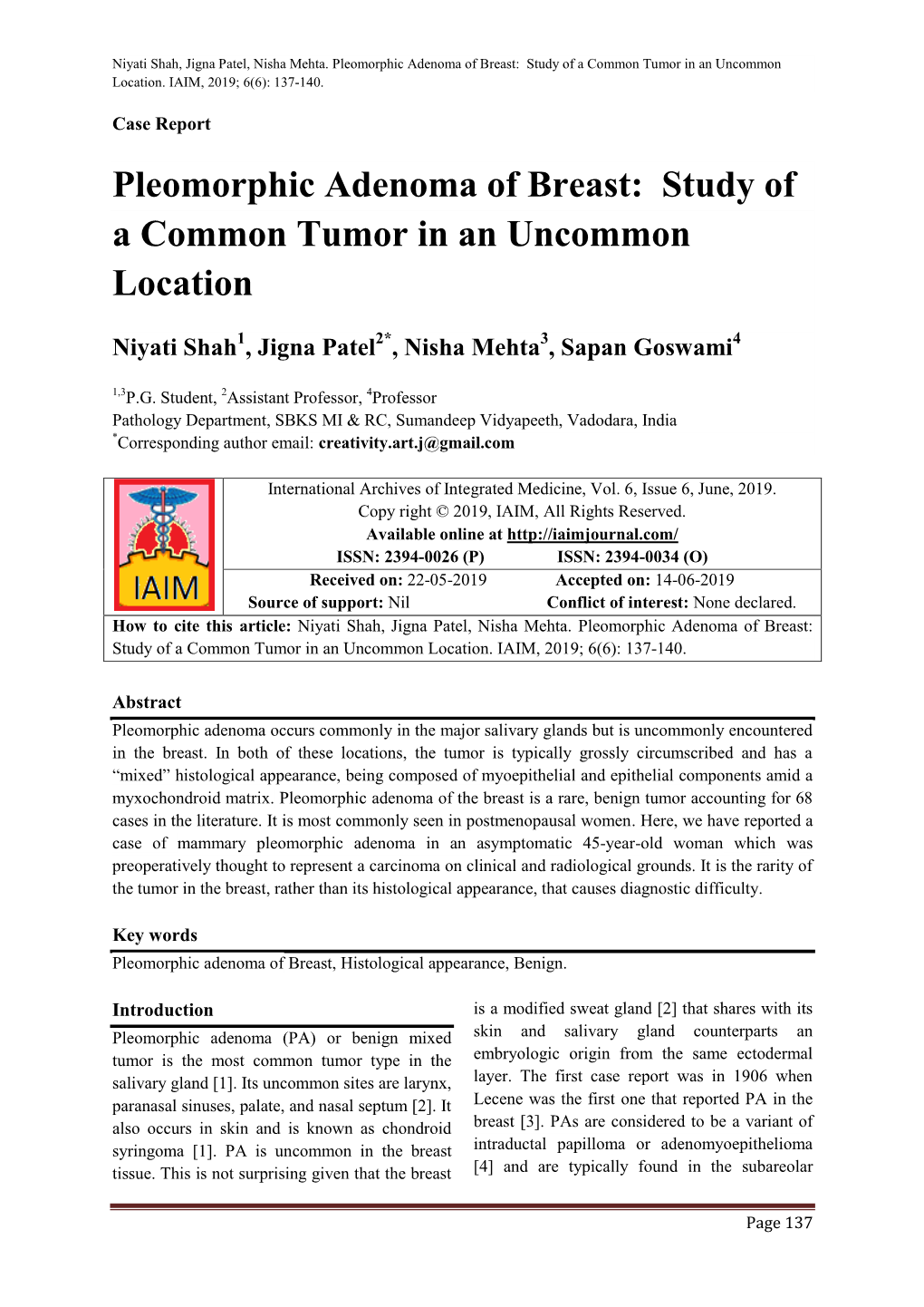 Pleomorphic Adenoma of Breast: Study of a Common Tumor in an Uncommon Location