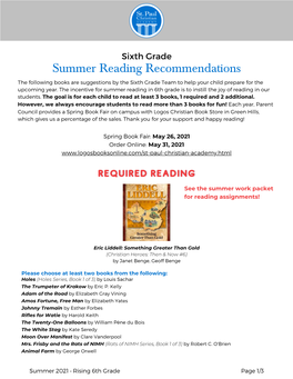 Summer Reading Recommendations the Following Books Are Suggestions by the Sixth Grade Team to Help Your Child Prepare for the Upcoming Year