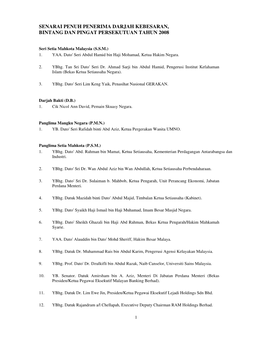 Senarai Penuh Penerima Darjah Kebesaran, Bintang Dan Pingat Persekutuan Tahun 2008