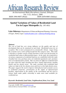 Spatial Variations of Values of Residential Land Use in Lagos Metropolis (Pp