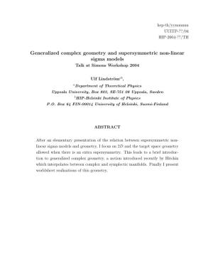 Generalized Complex Geometry and Supersymmetric Non-Linear Sigma Models Talk at Simons Workshop 2004