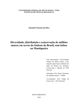Diversidade, Distribuição E Conservação De Anfíbios Anuros Em Serras Do Sudeste Do Brasil, Com Ênfase Na Mantiqueira