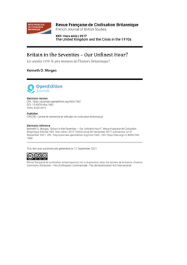 Revue Française De Civilisation Britannique, XXII- Hors Série | 2017 Britain in the Seventies – Our Unfinest Hour? 2
