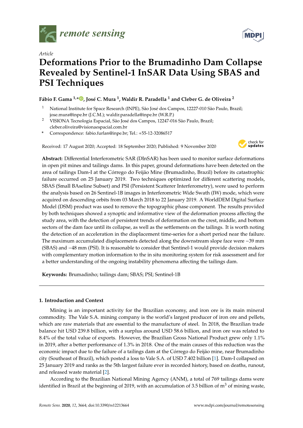 Deformations Prior to the Brumadinho Dam Collapse Revealed by Sentinel-1 Insar Data Using SBAS and PSI Techniques