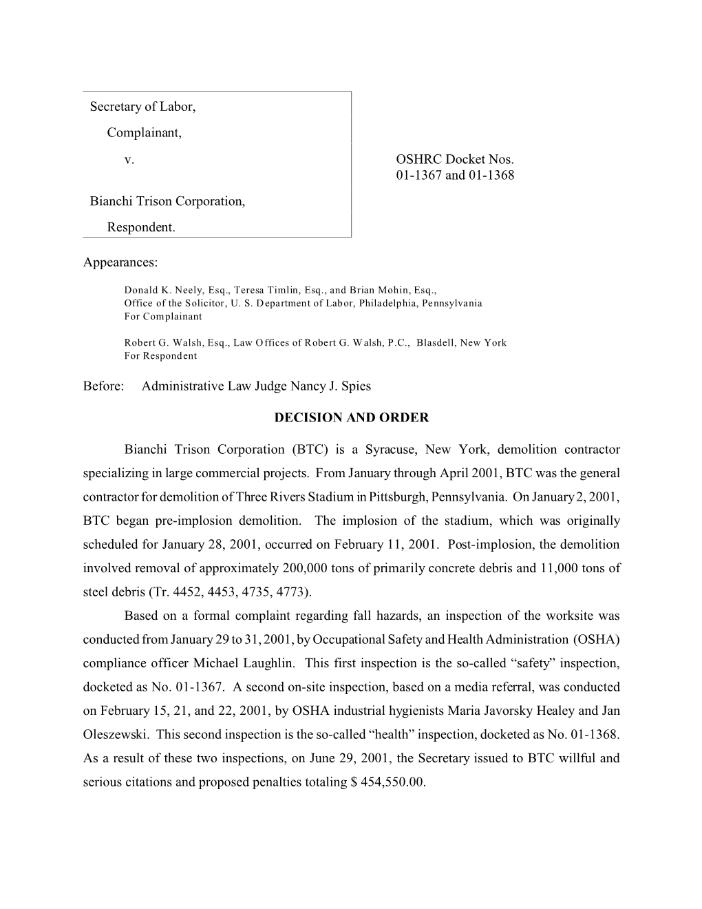 Bianchi Trison Corporation, Docket No. 01-1367 & 01-1368